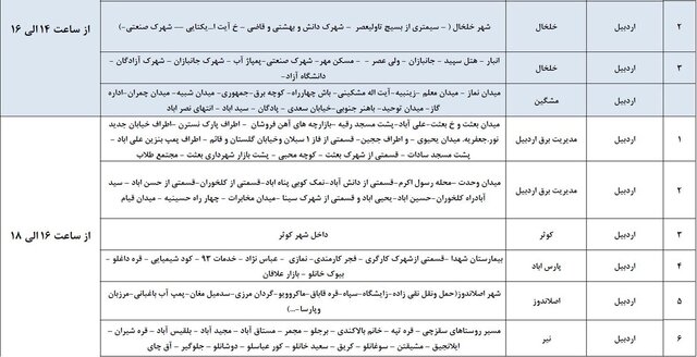 برنامه خاموشی‌های برق ۵ آذر ماه در اردبیل