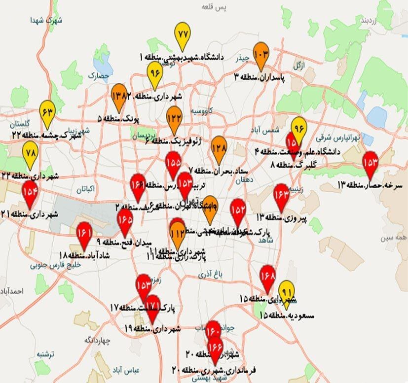 ۱۶ منطقه تهران در وضعیت قرمز آلودگی هوا | این ۳ نقطه از همه جا آلوده‌ترند + نقشه